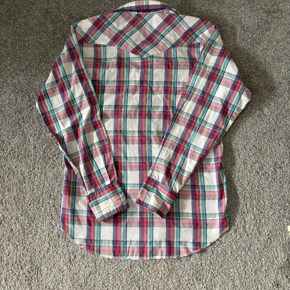 Vintage wrangler shirt mens medium red blue pearl snap  western rodeo cowboy 90s - Picture 7 of 14